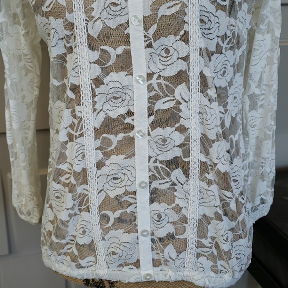 Wallflower top blouse cream white lace sheer long sleeve round neck Size Large - Picture 4 of 5